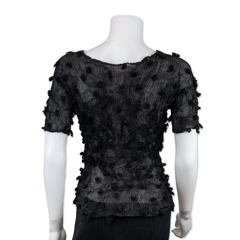 Issey Miyake Sheer Black Pleated Short Sleeve Top with Embroidery