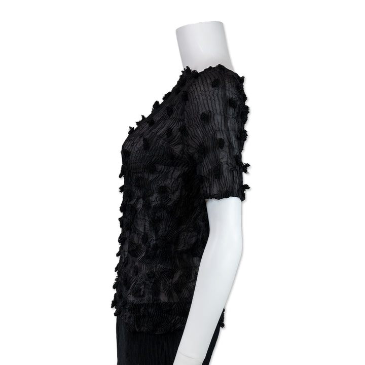 Issey Miyake Sheer Black Pleated Short Sleeve Top with Embroidery