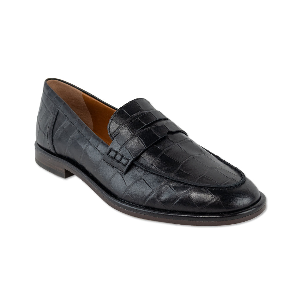 J.McLaughlin Black Concetta Croc-Embossed Leather Penny Loafers