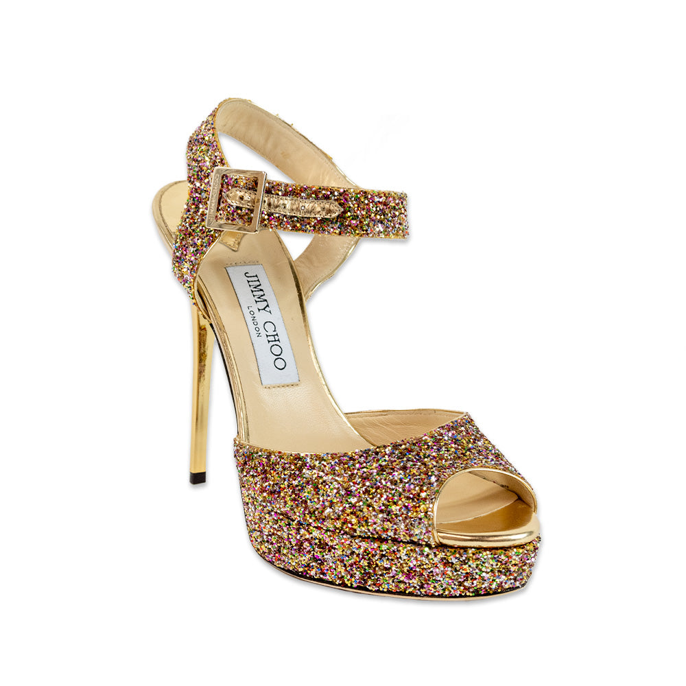 JIMMY CHOO GOLD GLITTER PLATFORM PUMP