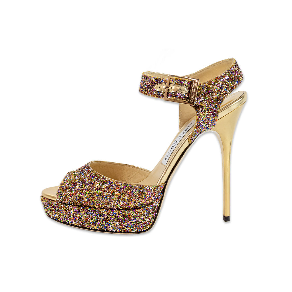 JIMMY CHOO GOLD GLITTER PLATFORM PUMP