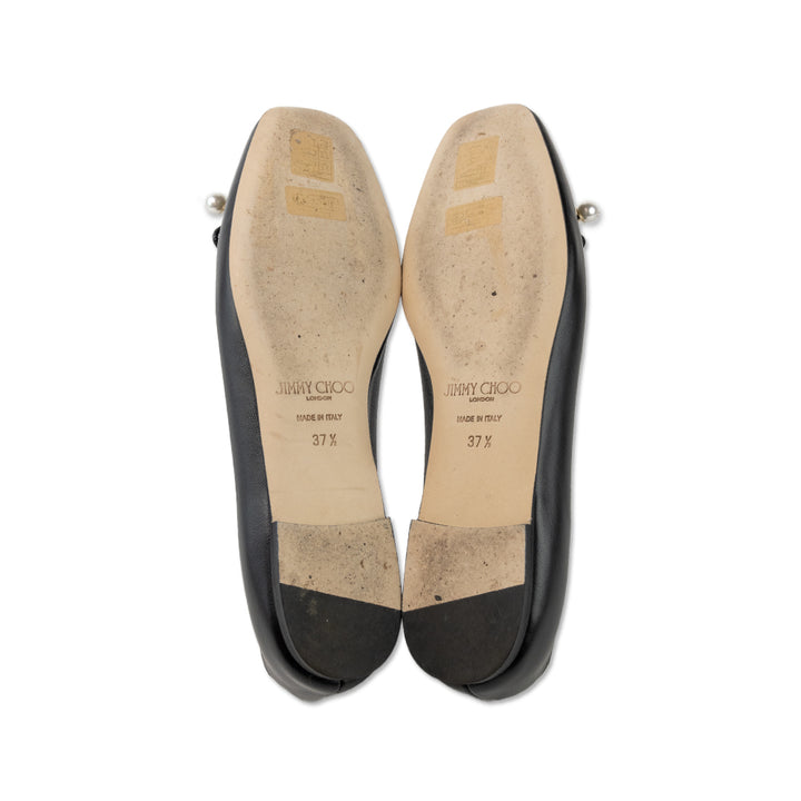 Jimmy Choo Black Leather Ballet Flats with Faux Pearls