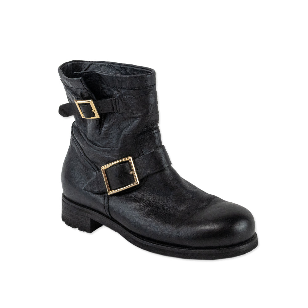 Jimmy Choo Black Leather Combat Boots with Gold Buckles