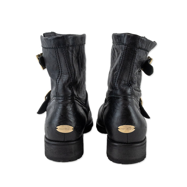 Jimmy Choo Black Leather Combat Boots with Gold Buckles