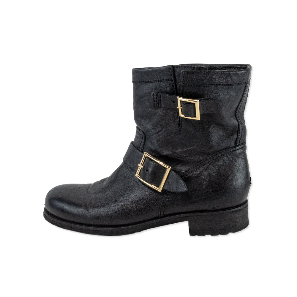 Jimmy Choo Black Leather Combat Boots with Gold Buckles