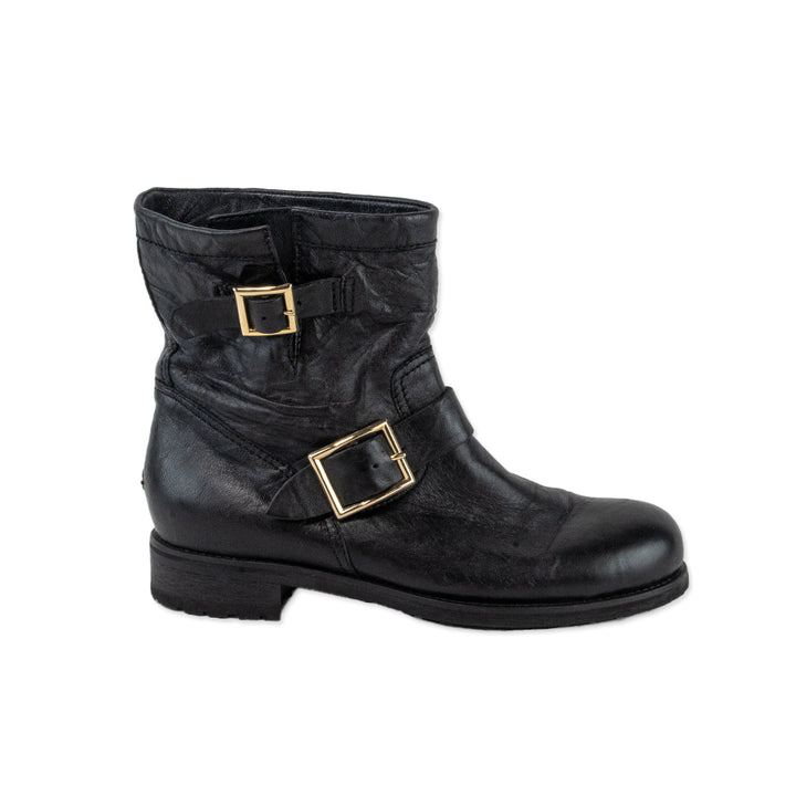 Jimmy Choo Black Leather Combat Boots with Gold Buckles