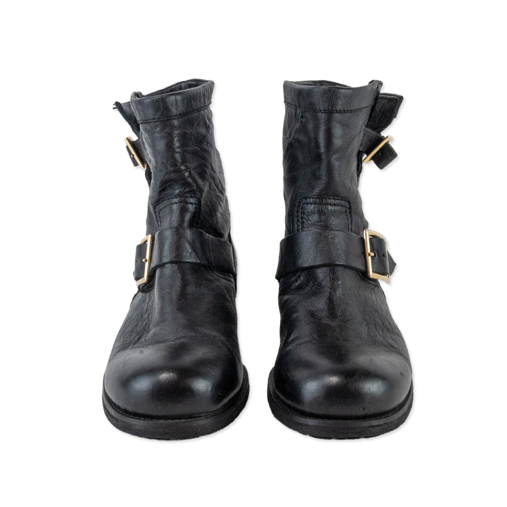 Jimmy Choo Black Leather Combat Boots with Gold Buckles