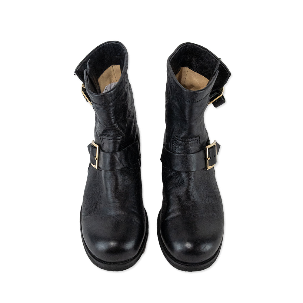 Jimmy Choo Black Leather Combat Boots with Gold Buckles