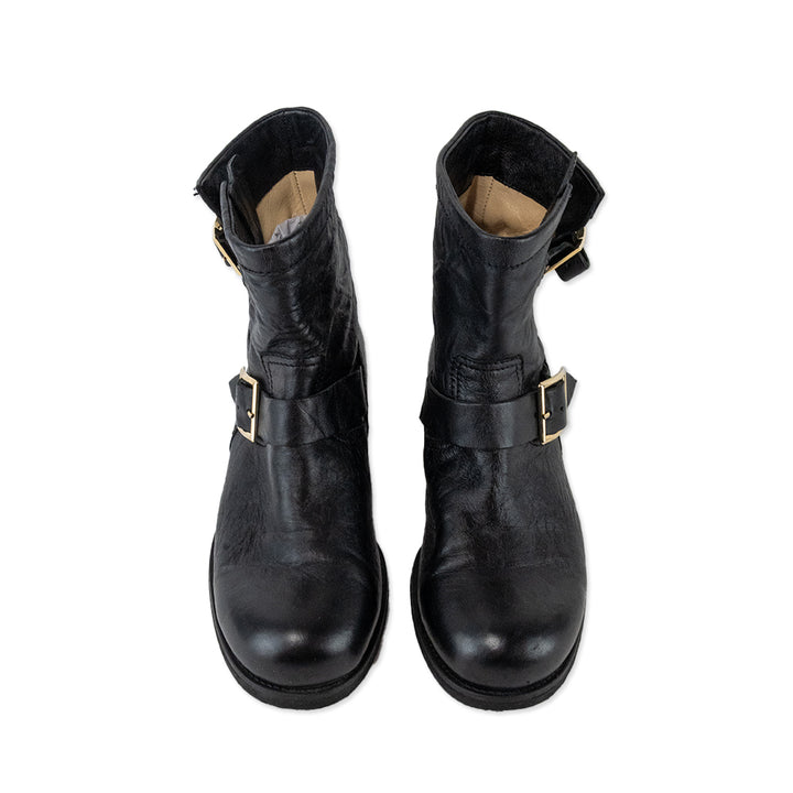 Jimmy Choo Black Leather Combat Boots with Gold Buckles