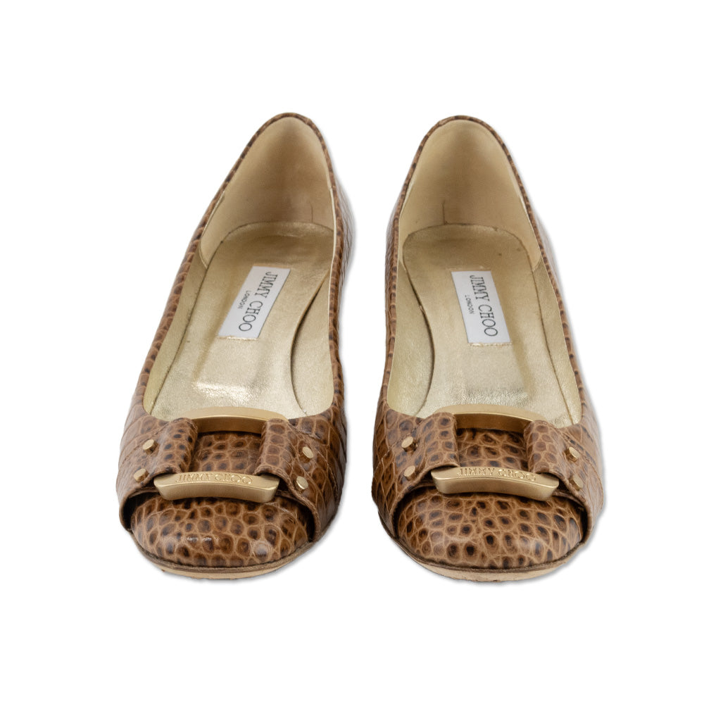 Jimmy Choo Brown Embossed Leather Round Toe Loafers with Block Heels