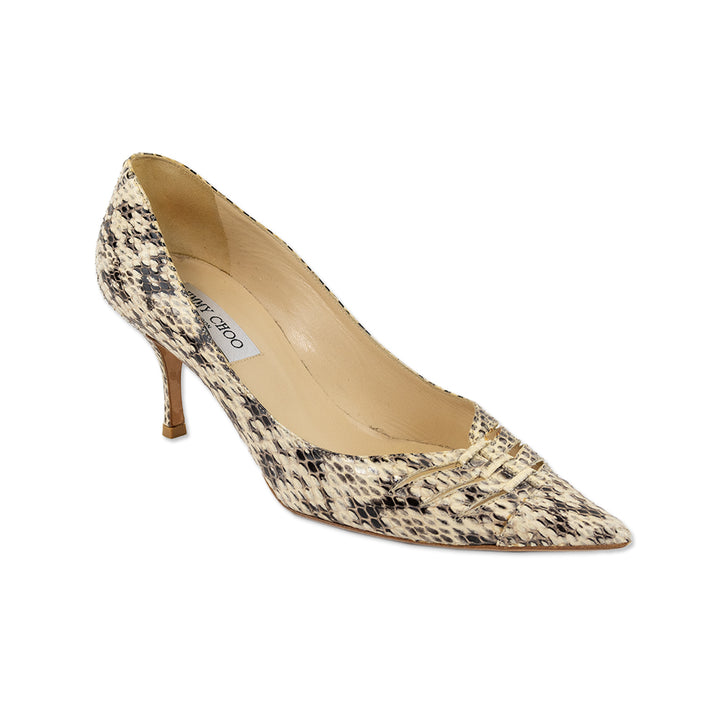 Jimmy Choo Brown and Cream Snake Skin Cut Out Pointed Toe Heels