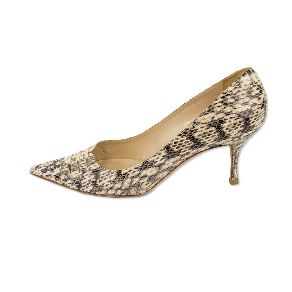 Jimmy Choo Brown and Cream Snake Skin Cut Out Pointed Toe Heels