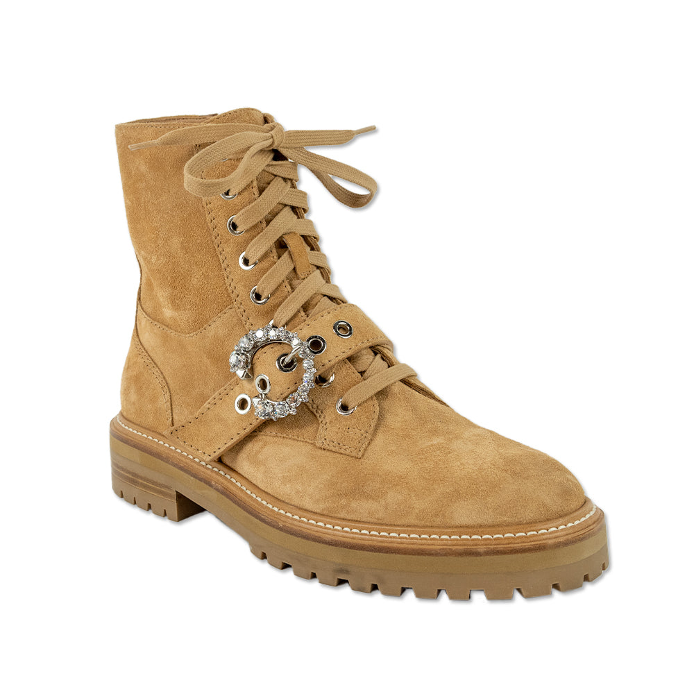 Jimmy Choo Cora Caramel Suede Combat Boots with Crystal Buckle