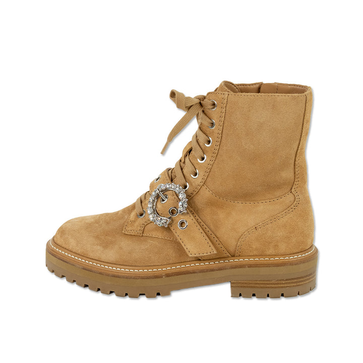 Jimmy Choo Cora Caramel Suede Combat Boots with Crystal Buckle