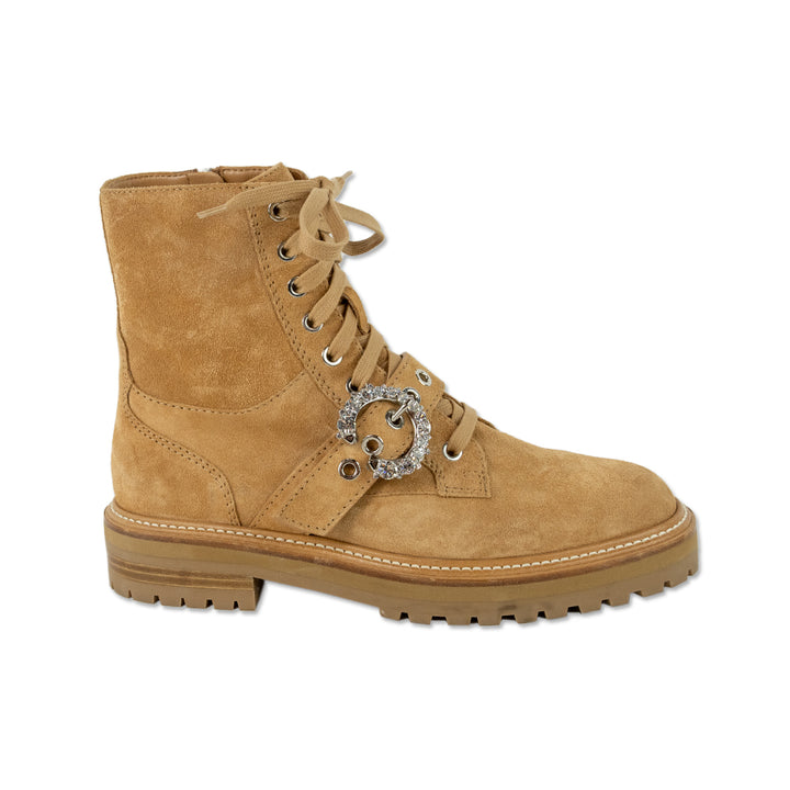 Jimmy Choo Cora Caramel Suede Combat Boots with Crystal Buckle