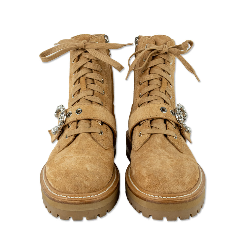 Jimmy Choo Cora Caramel Suede Combat Boots with Crystal Buckle