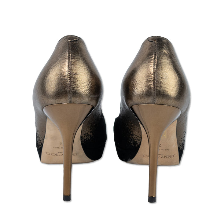 Jimmy Choo Metallic Gold Leather Black Suede Ombre Peep Toe Pumps