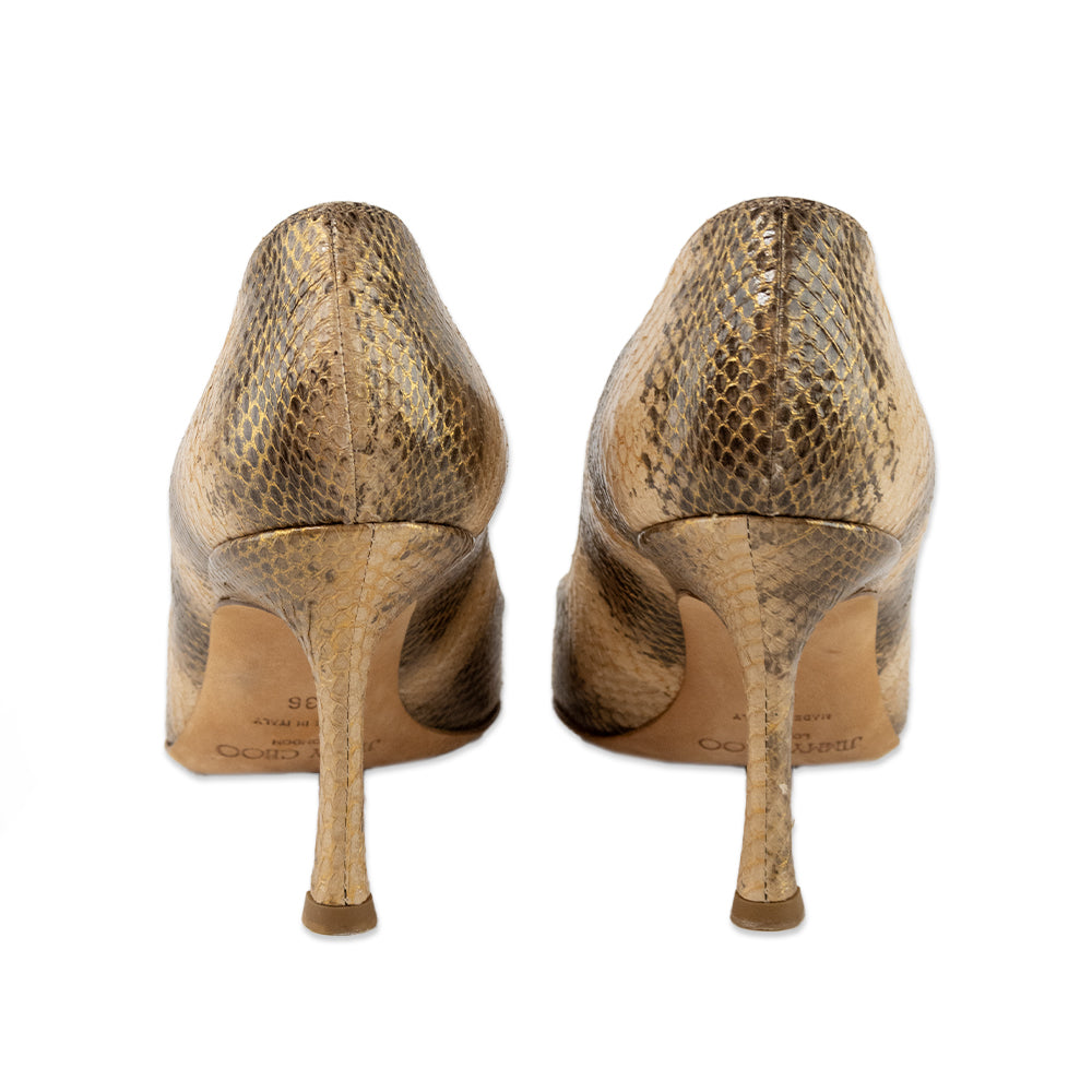 Jimmy Choo Gold Snake Skin Print Pointed Toe Heels