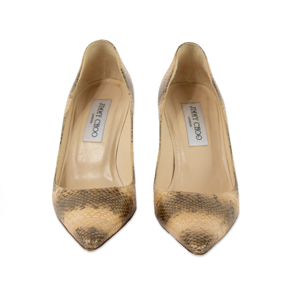 Jimmy Choo Gold Snake Skin Print Pointed Toe Heels