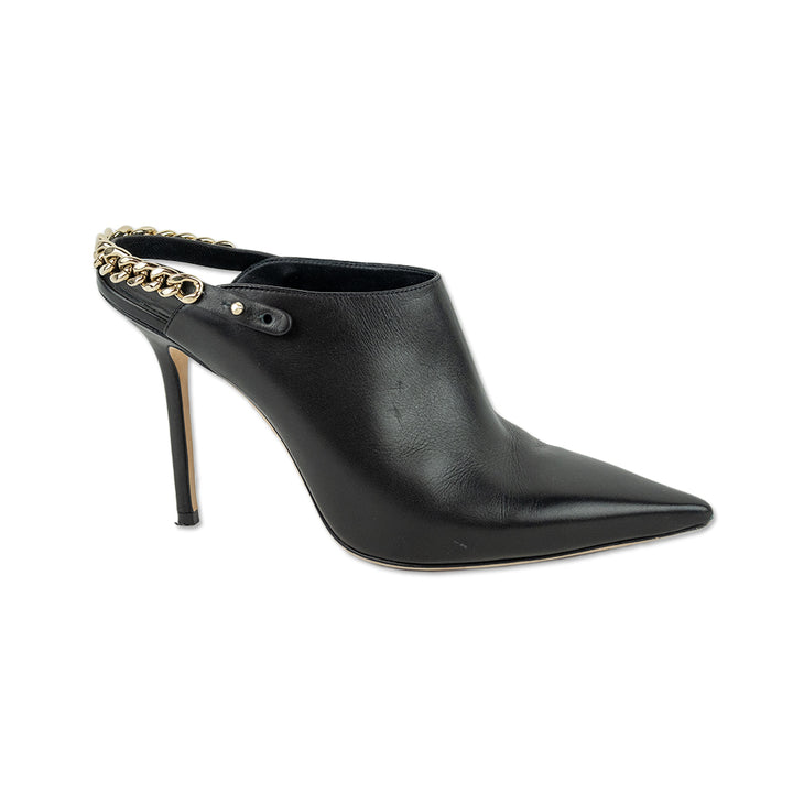 Jimmy Choo Lexx 100 Black Leather Gold Chain Mules