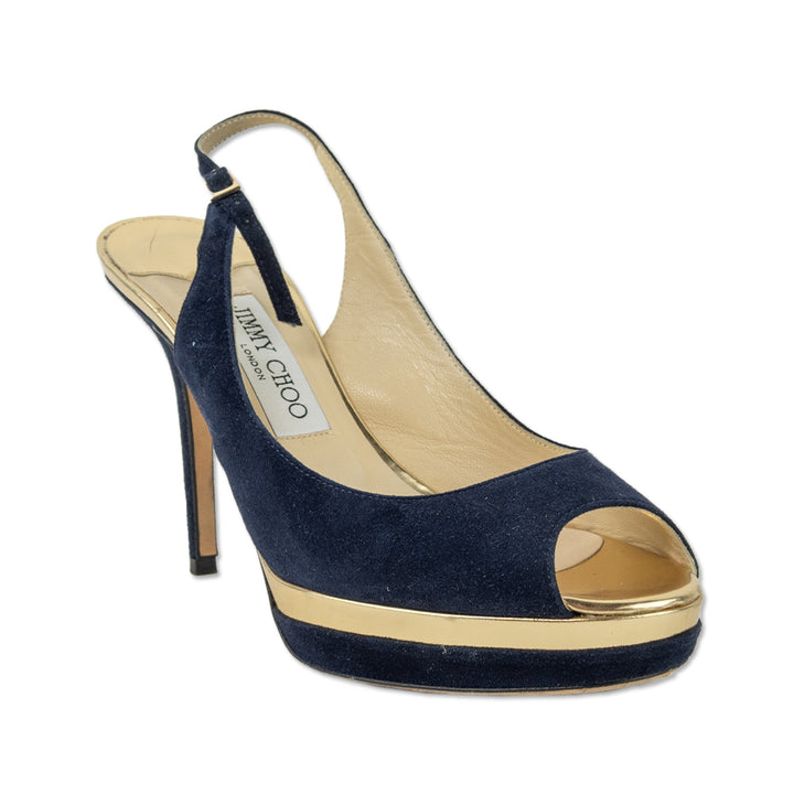 Jimmy Choo Navy Suede 
Gold Mirror Leather Slingback Platform Pumps