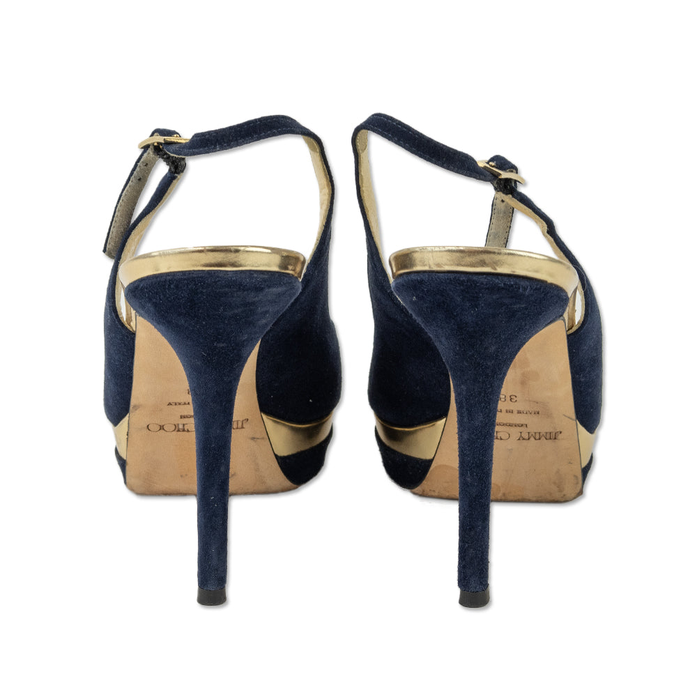 Jimmy Choo Navy Suede 
Gold Mirror Leather Slingback Platform Pumps