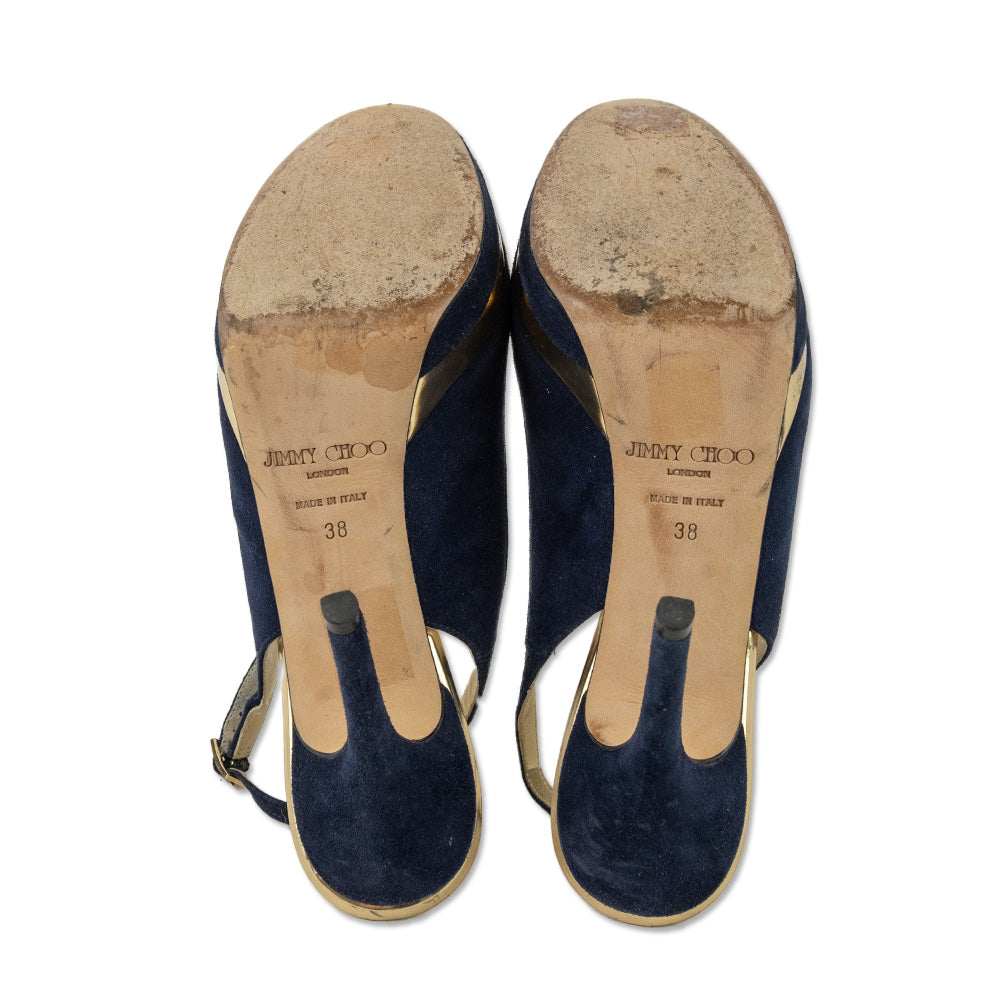 Jimmy Choo Navy Suede 
Gold Mirror Leather Slingback Platform Pumps