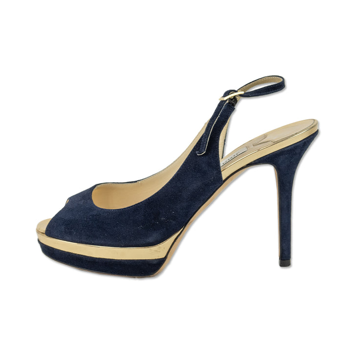 Jimmy Choo Navy Suede 
Gold Mirror Leather Slingback Platform Pumps