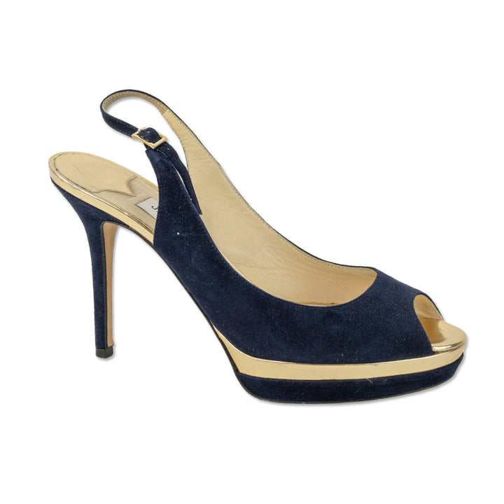 Jimmy Choo Navy Suede 
Gold Mirror Leather Slingback Platform Pumps