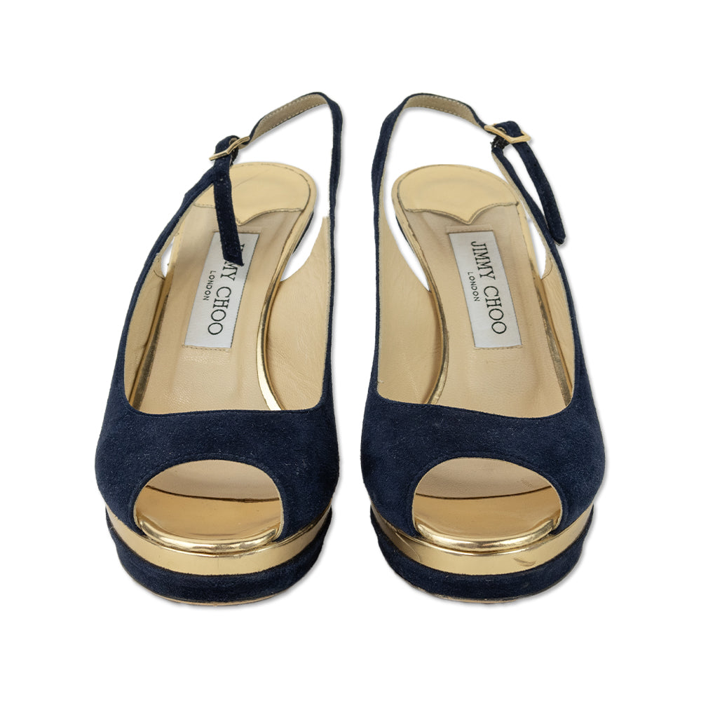 Jimmy Choo Navy Suede 
Gold Mirror Leather Slingback Platform Pumps