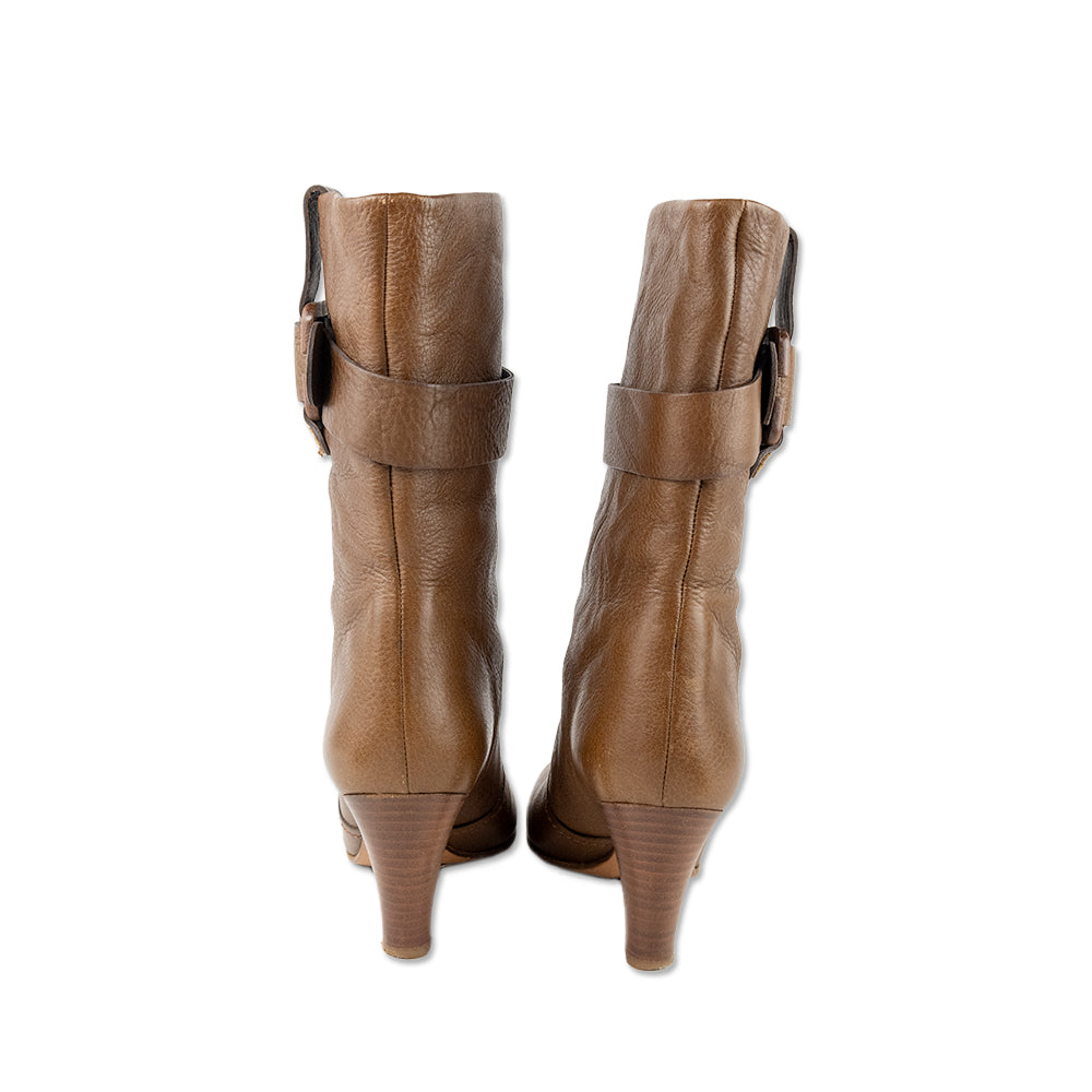 Chloe Mid Calf Brown Leather Buckle Heeled Boots