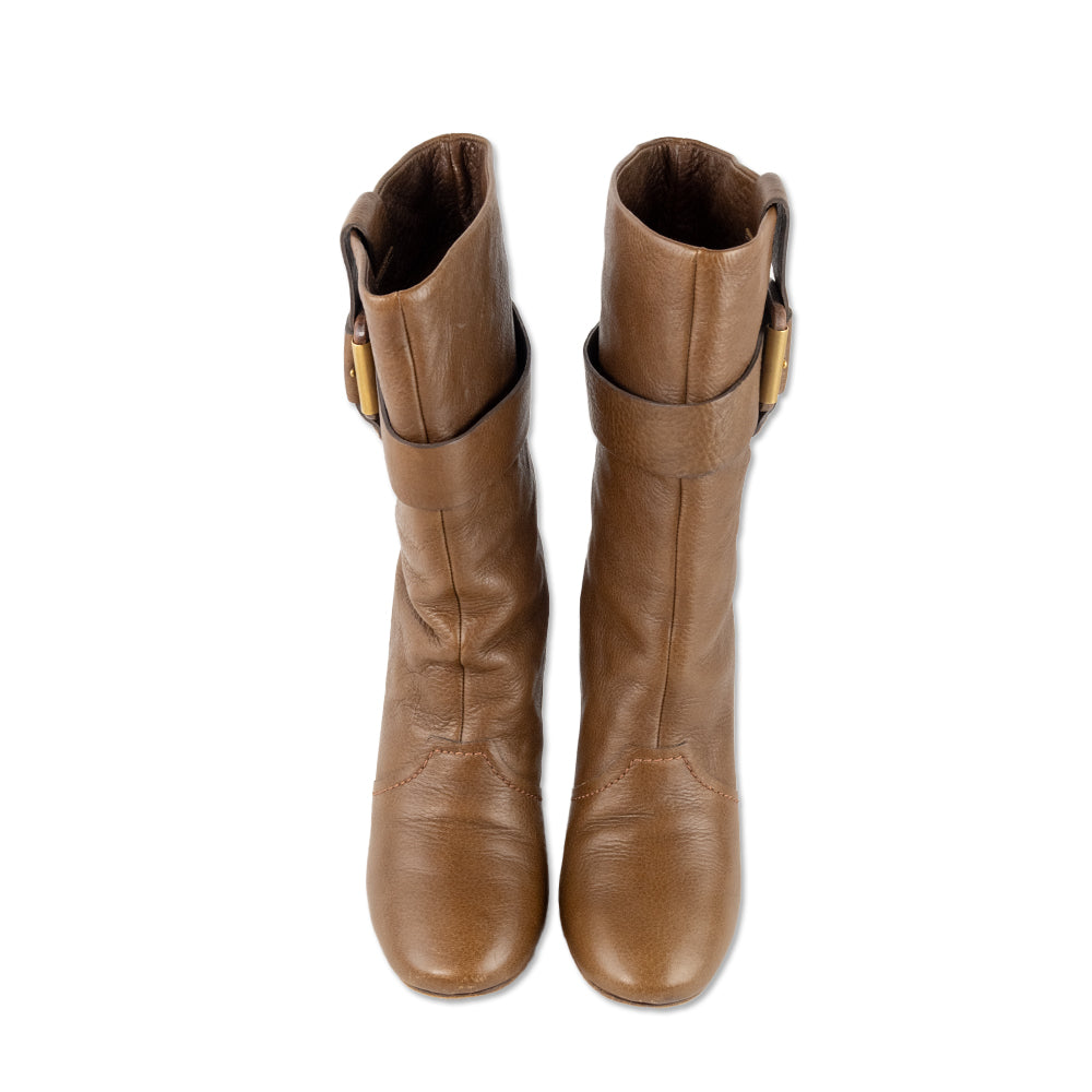 Chloe Mid Calf Brown Leather Buckle Heeled Boots