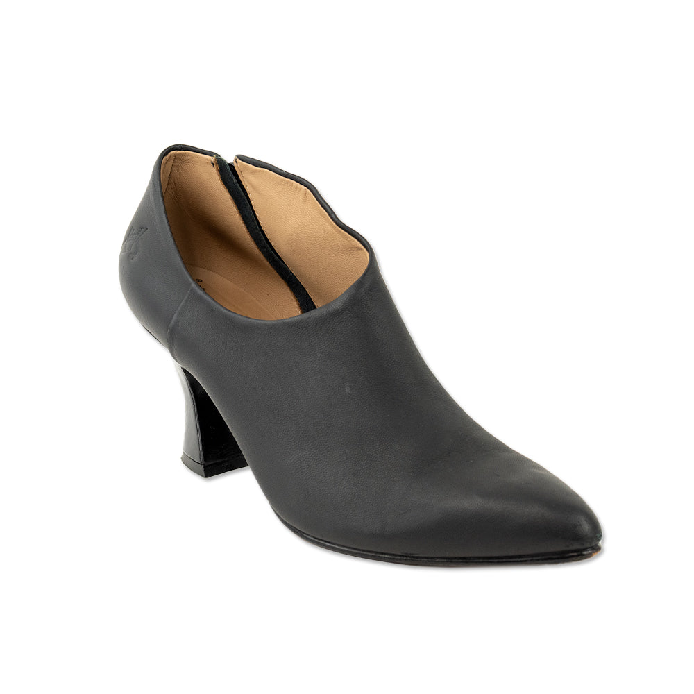 John Fluevog Black Leather Asymmetrical Heeled Booties