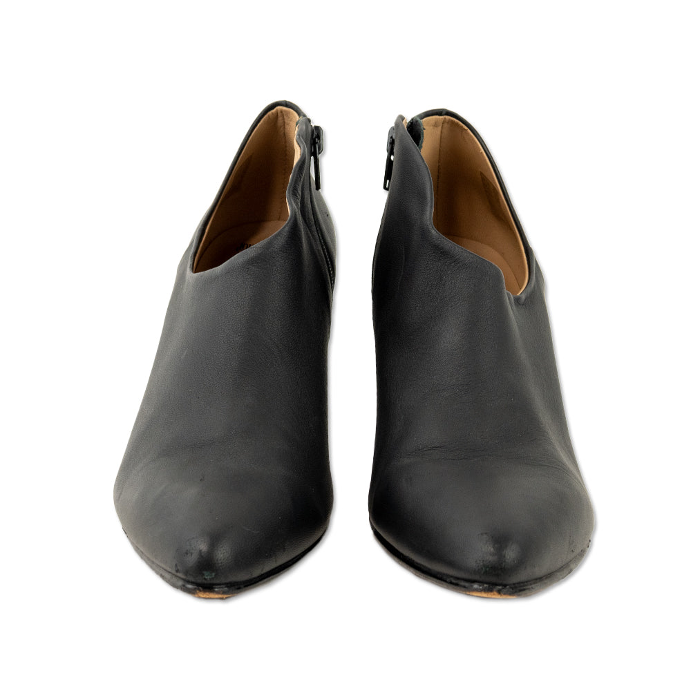 John Fluevog Black Leather Asymmetrical Heeled Booties