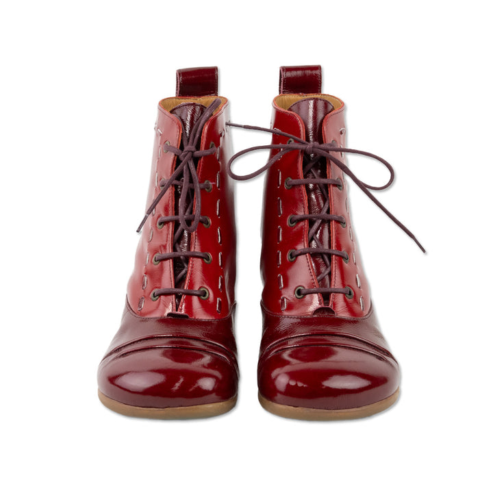 John Fluevog Red Patent Leather Lace Up Heeled Ankle Boots