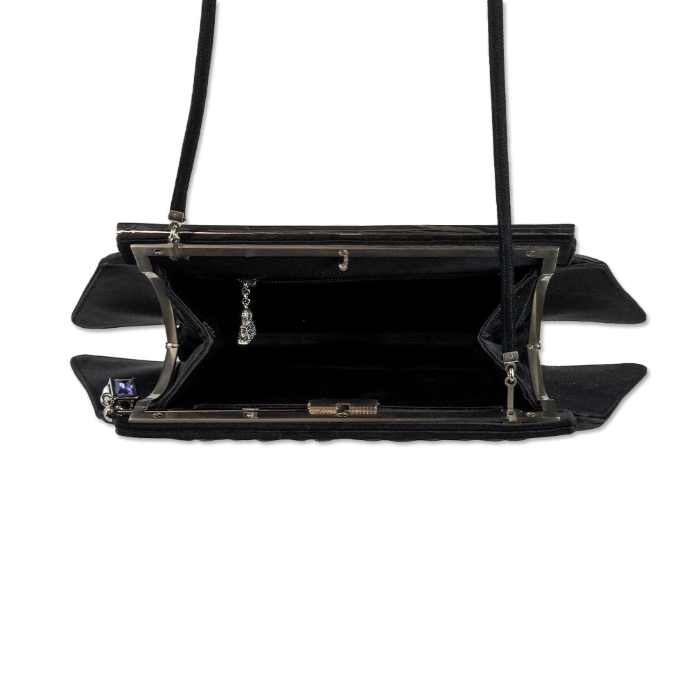 Judith Leiber Black Pleated Satin Crystal Embellished Clutch