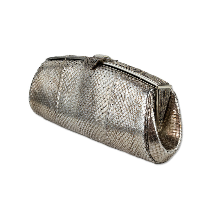 Judith Leiber Silver Snakeskin Crystal Embellished Clutch