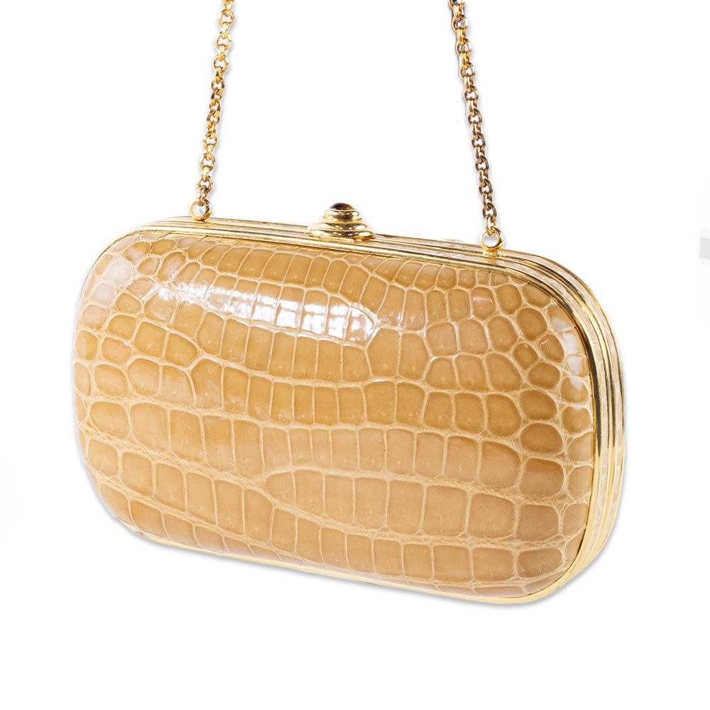 Judith Leiber Tan Crocodile Clutch with Gold Hardware