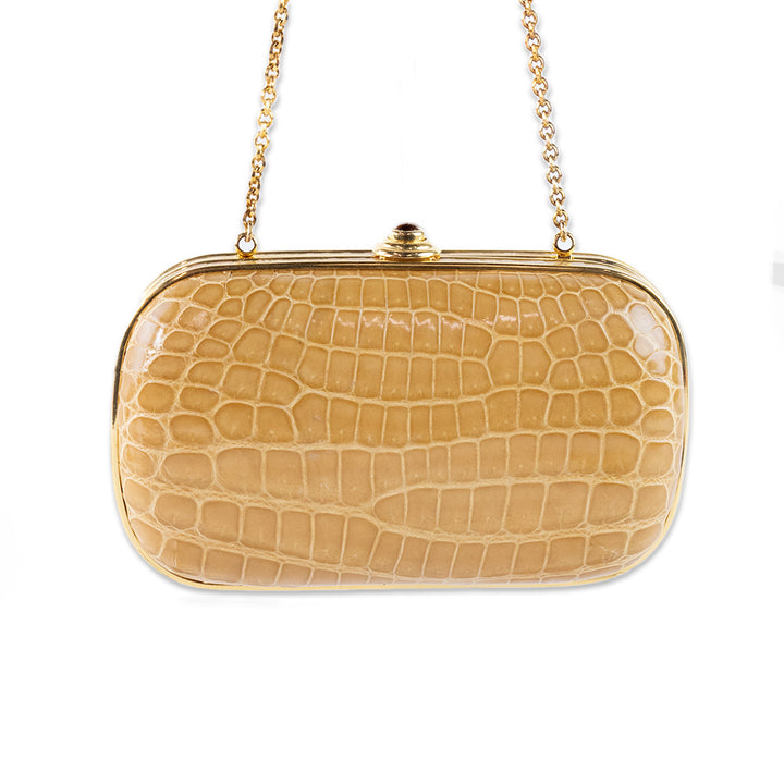 Judith Leiber Tan Crocodile Clutch with Gold Hardware