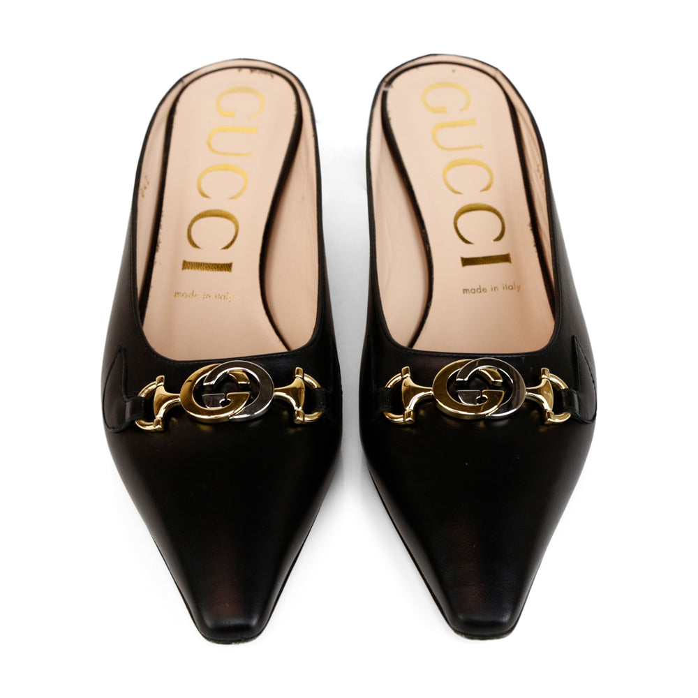 Gucci Zumi Black Leather Kitten Heel Mules