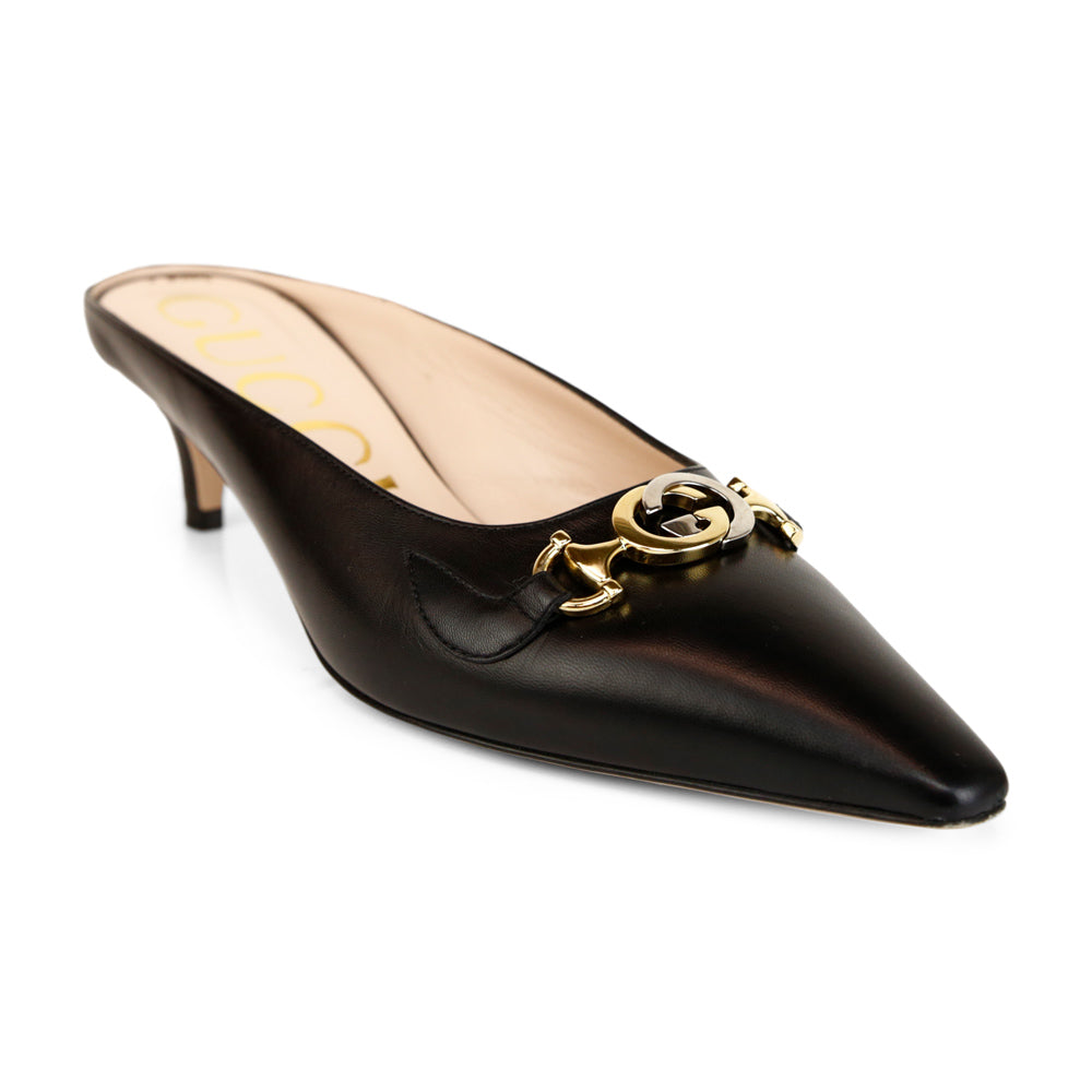 Gucci Zumi Black Leather Kitten Heel Mules