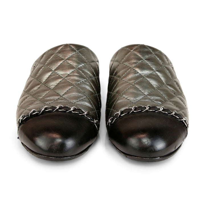 Chanel Gunmetal Quilted Leather Mules