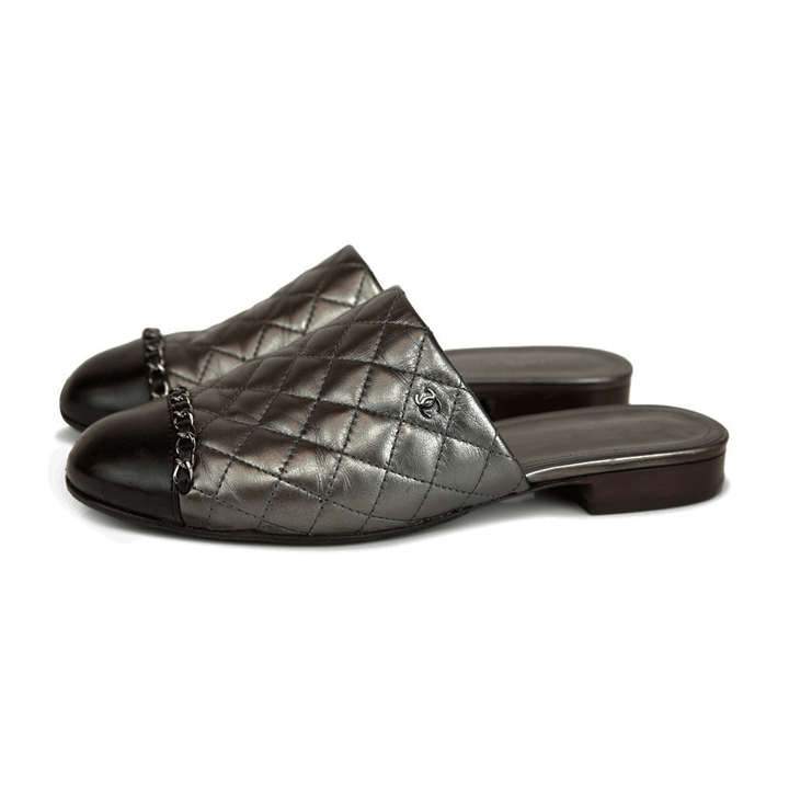 Chanel Gunmetal Quilted Leather Mules