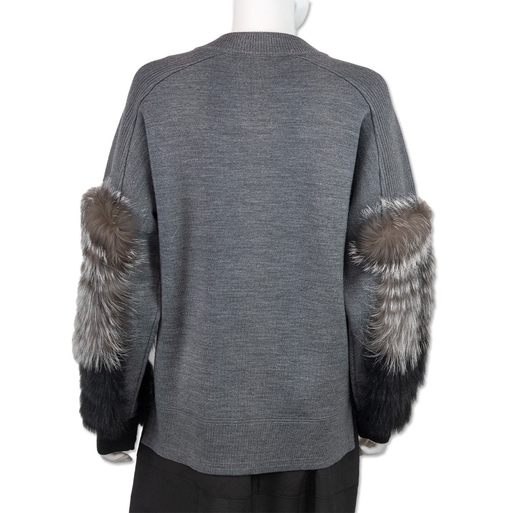 Kobi Halperin Grey Knit Fur-Sleeve Zip Cardigan