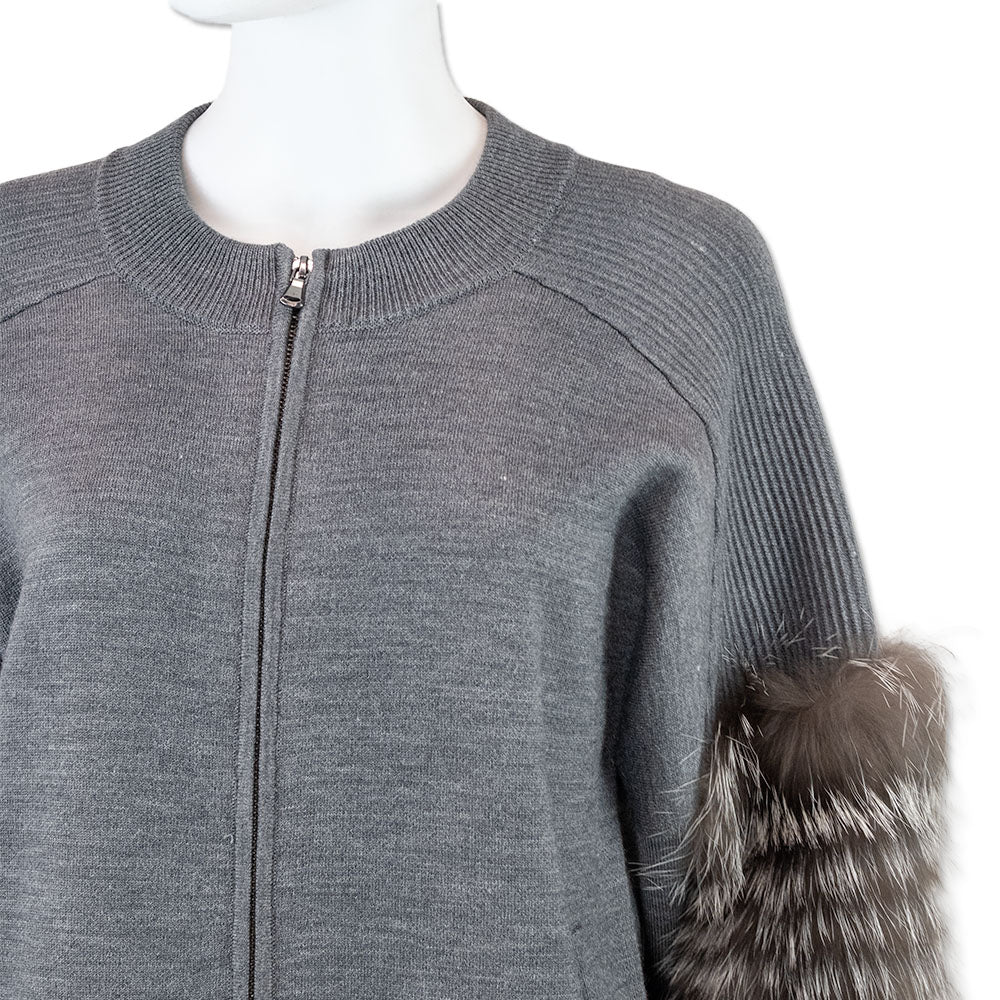 Kobi Halperin Grey Knit Fur-Sleeve Zip Cardigan