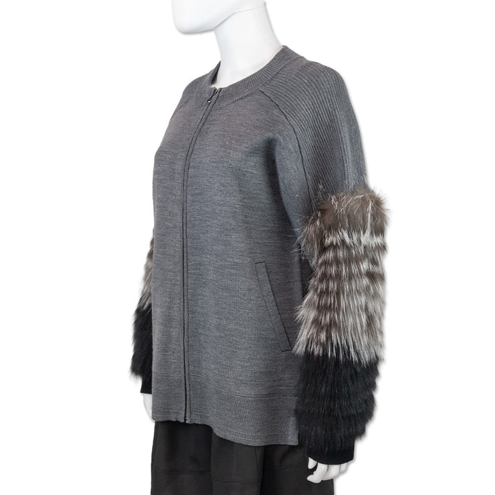 Kobi Halperin Grey Knit Fur-Sleeve Zip Cardigan