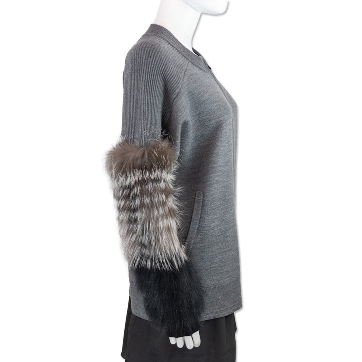 Kobi Halperin Grey Knit Fur-Sleeve Zip Cardigan