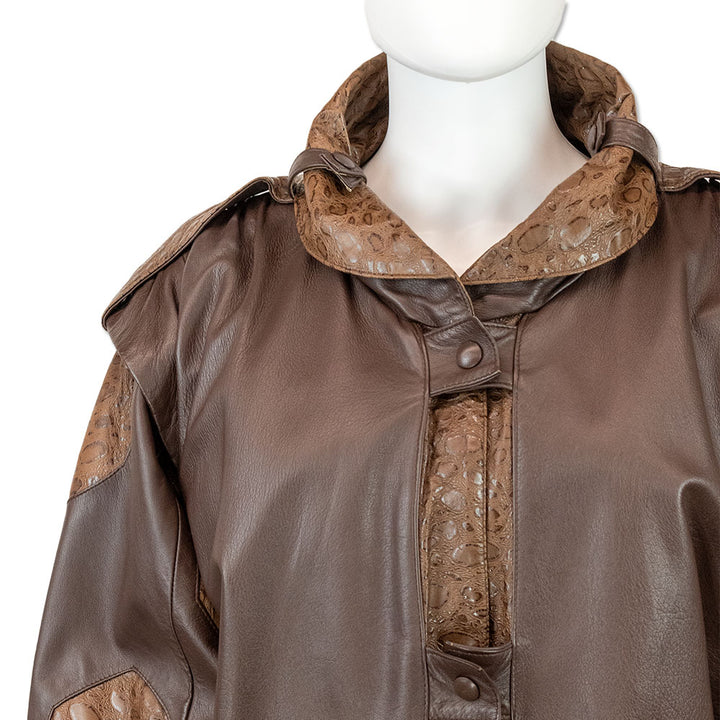 La Donna Brown Leather Puffed Sleeve Croc Accent Coat