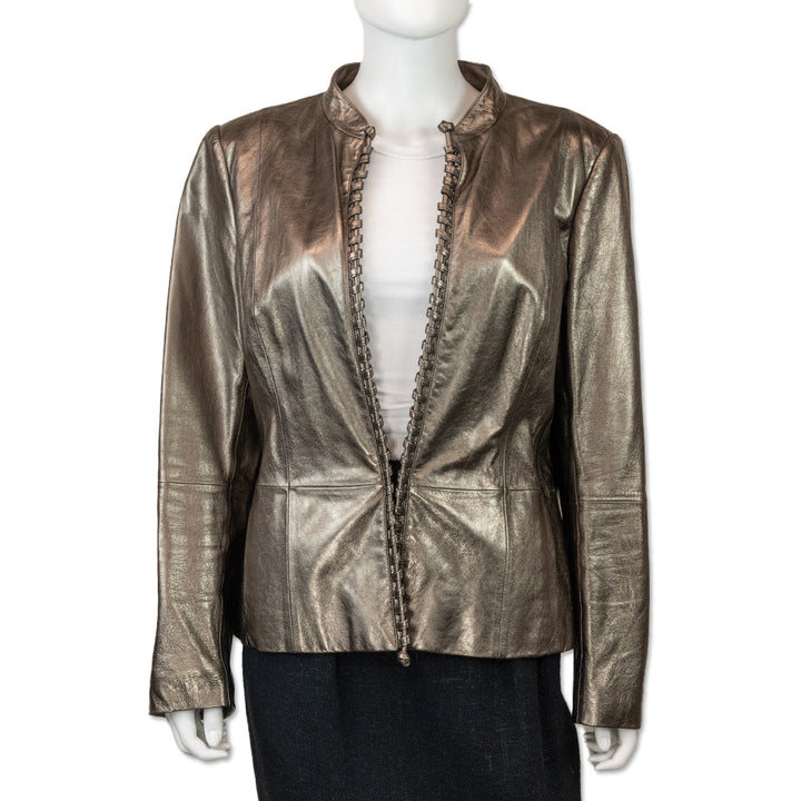 Lafayette 148 Woven Trim Metallic Pewter Leather Jacket