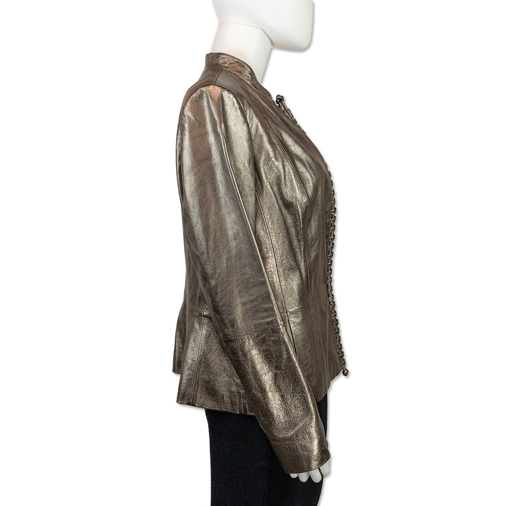 Lafayette 148 Woven Trim Metallic Pewter Leather Jacket